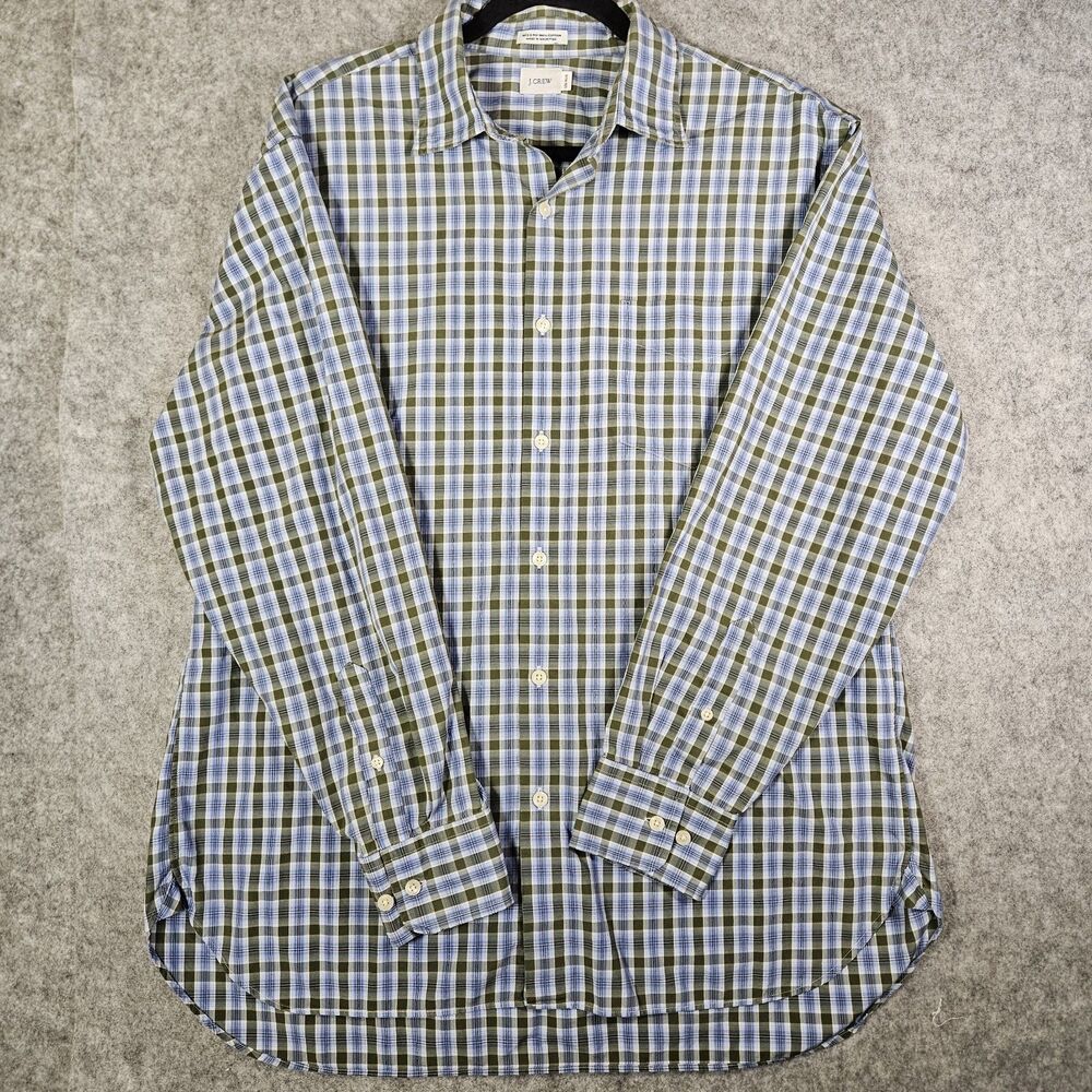 J Crew Mens Secret Wash Blue Green Plaid 100's 2-Ply Button Up Casual Size L